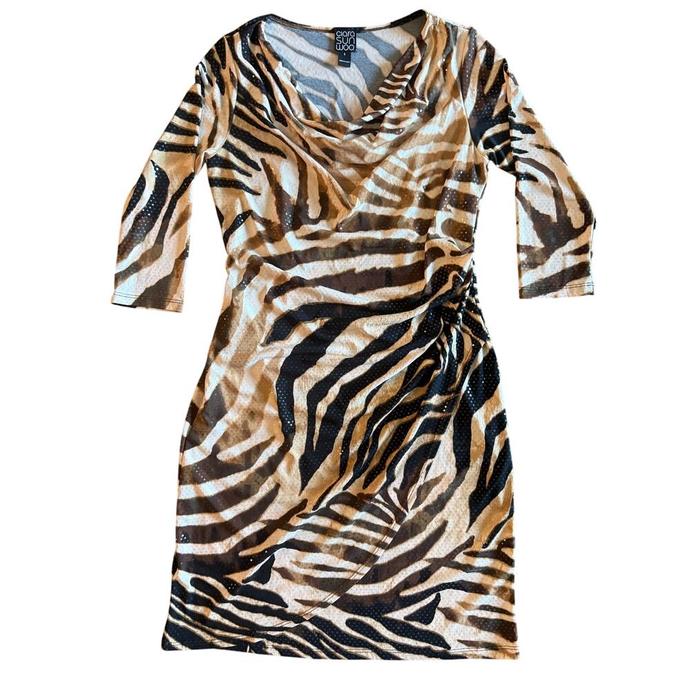 Clara Sun Woo Tiger Print Wrap Dress Size Small Sparkle Animal Print